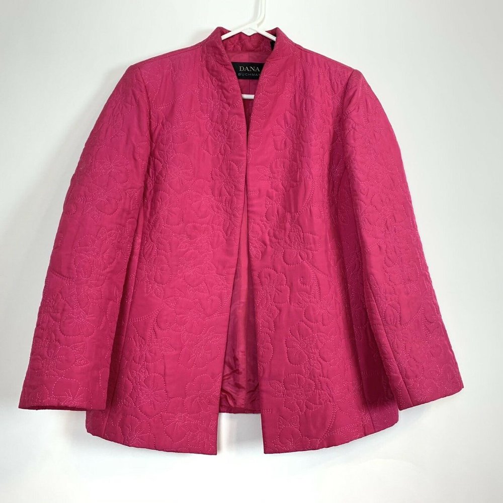 DANA BUCHMAN Jacket Blazer Size 10 Pink Quilted 100% Silk Long Sleeves $435